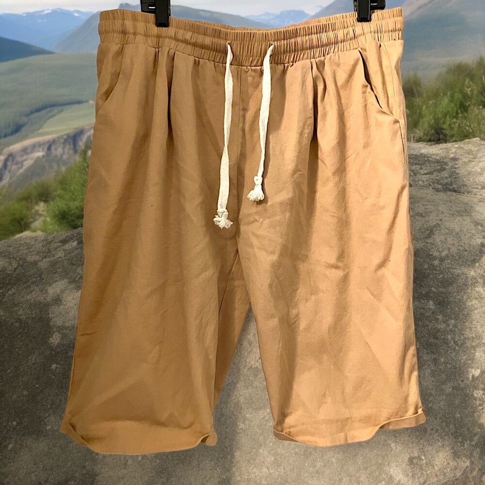 Beige Elastic Drawstring Cuffed Wide Leg Shorts Size Medium!